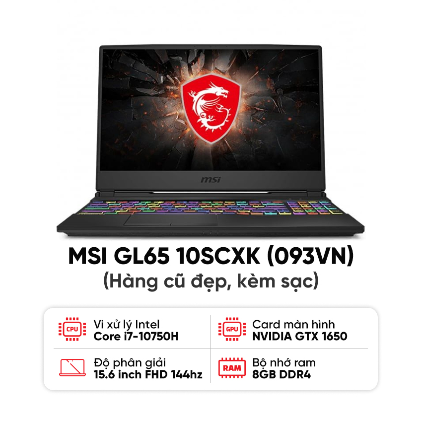 Laptop MSI GL65 10SCXK (093VN) (i7 10750H 8GB/512GB SSD/GTX1650 4G/15.6FHD 144Hz/Win10/Đen/Kèm sạc)  - Hình 1