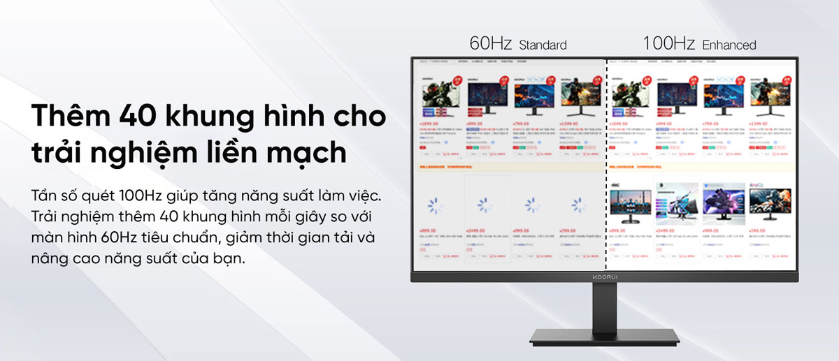 Trải nghiệm mượt mà với tần số quét 100Hz của màn hình Koorui E2411F