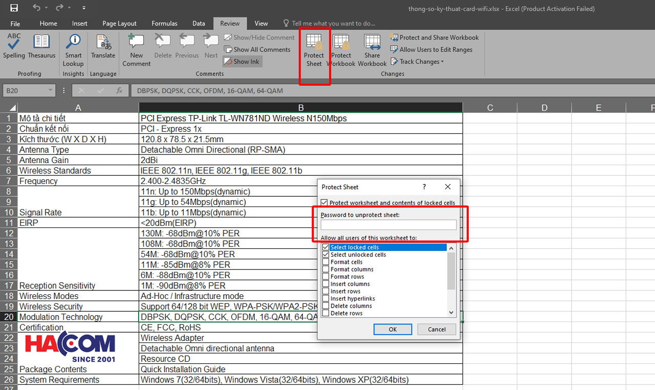 dat mat khau cho file excel hacom 3