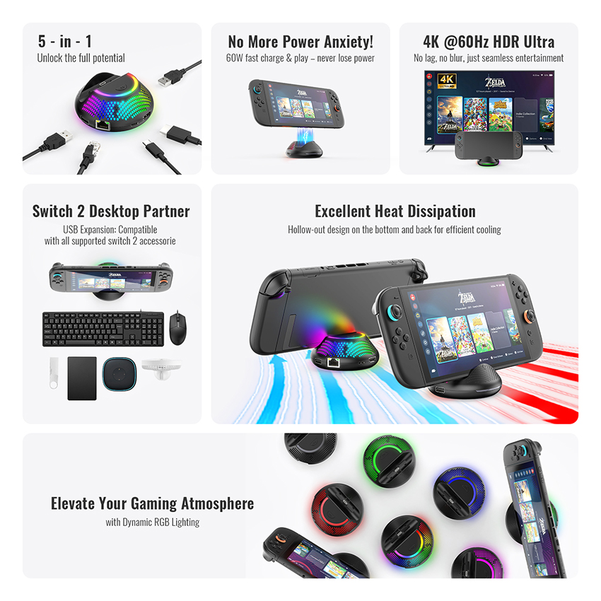 Sạc mini kiêm dock chuyển TV 5 in 1 cho Nintendo Switch 2 màu đen JYS-NS2289 7