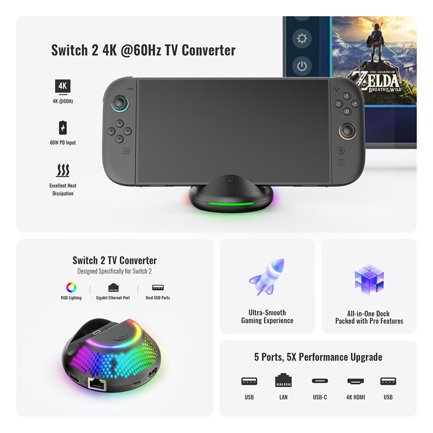 Sạc mini kiêm dock chuyển TV 5 in 1 cho Nintendo Switch 2 màu đen JYS-NS2289 8