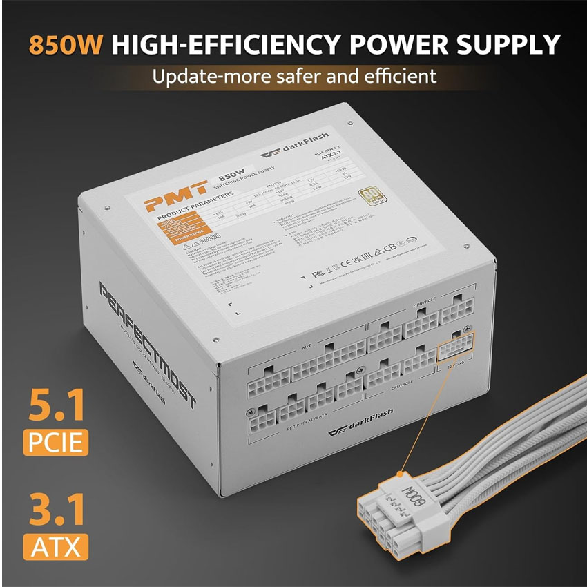Nguồn máy tính DARKFLASH PMT850 GOLD - 850W White (80 Plus Gold/ATX3.1/PCI-e 5.1/Full Modular) 3