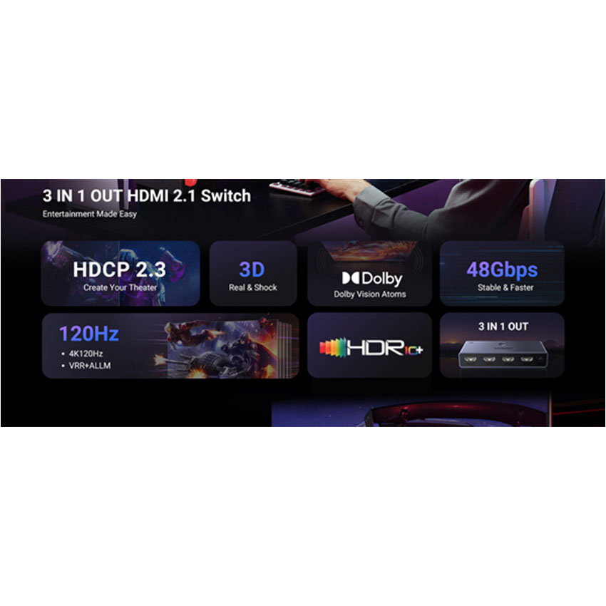 Bộ gộp HDMI 2.1 chuyển mạch 3 vào 1 ra hỗ trợ 8K@60hz Ugreen 15604 3