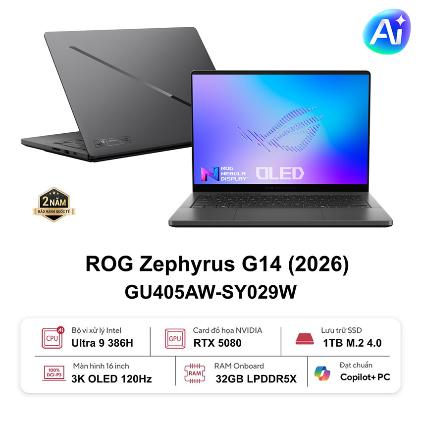 Laptop Asus Gaming ROG Zephyrus GU405AW-SY029W (U9-386H/32GB D5/1TB SSD/14.0 3K OLED 120Hz/RTX5080_16GD7/WF7/BT6.0/W11SL/RGB/Túi/Xám) chính hãng
