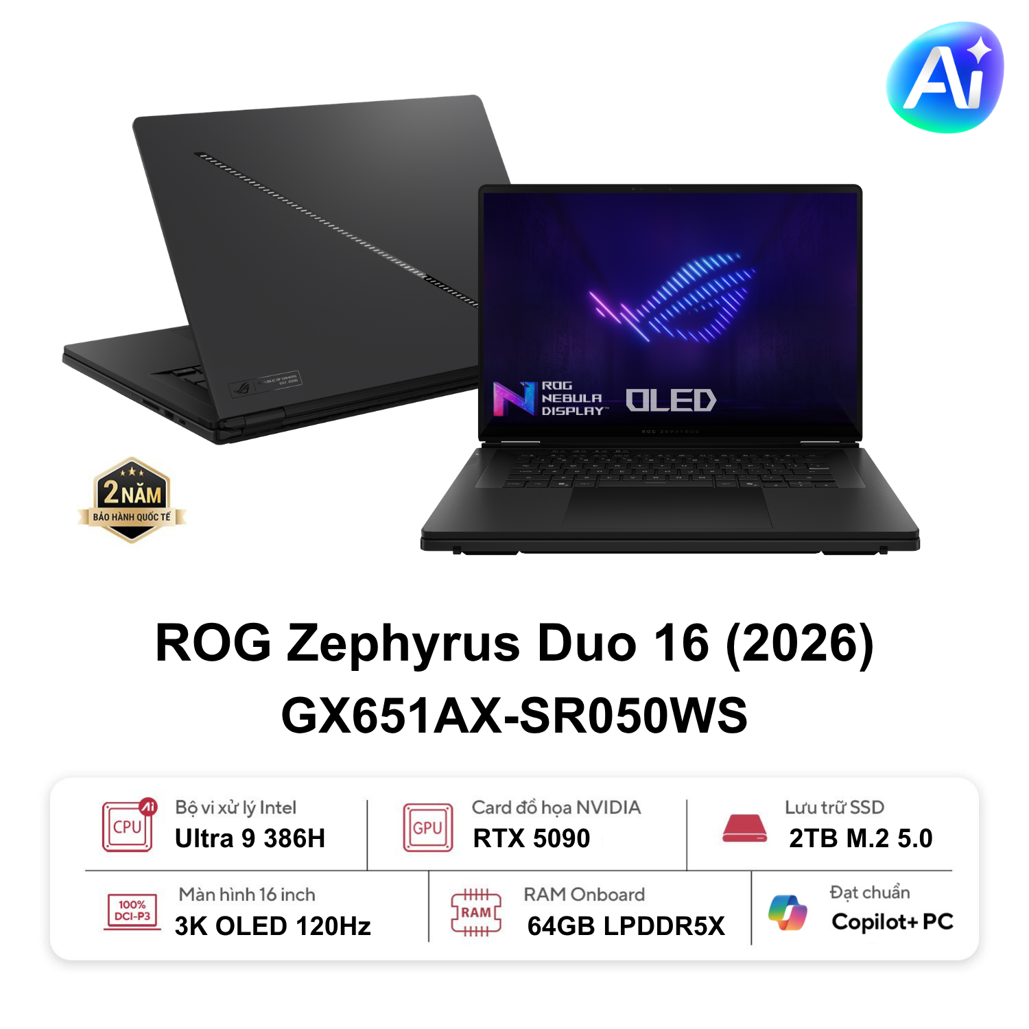 Laptop Asus Gaming ROG Zephyrus GX651AX-SR050WS (U9-386H/64GB D5X/2TB SSD/RTX5090 24GD7/16.0 3K OLED 120Hz/W11H/RGB/Balo/Bút/Xám) chính hãng