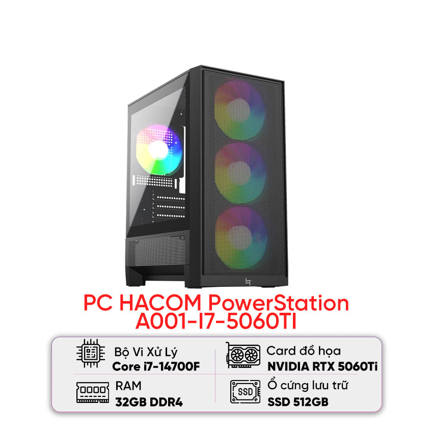PC HACOM PowerStation A001-I7-5060TI (Intel i7 14700F/ RTX 5060Ti 16GB) chính hãng