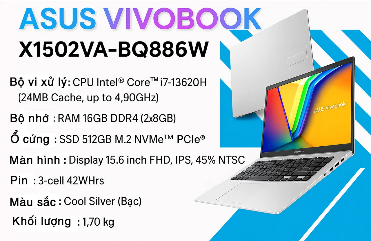 Asus VivoBook X1502VA Core i7-13620H hiệu năng cao cho sinh viên CNTT