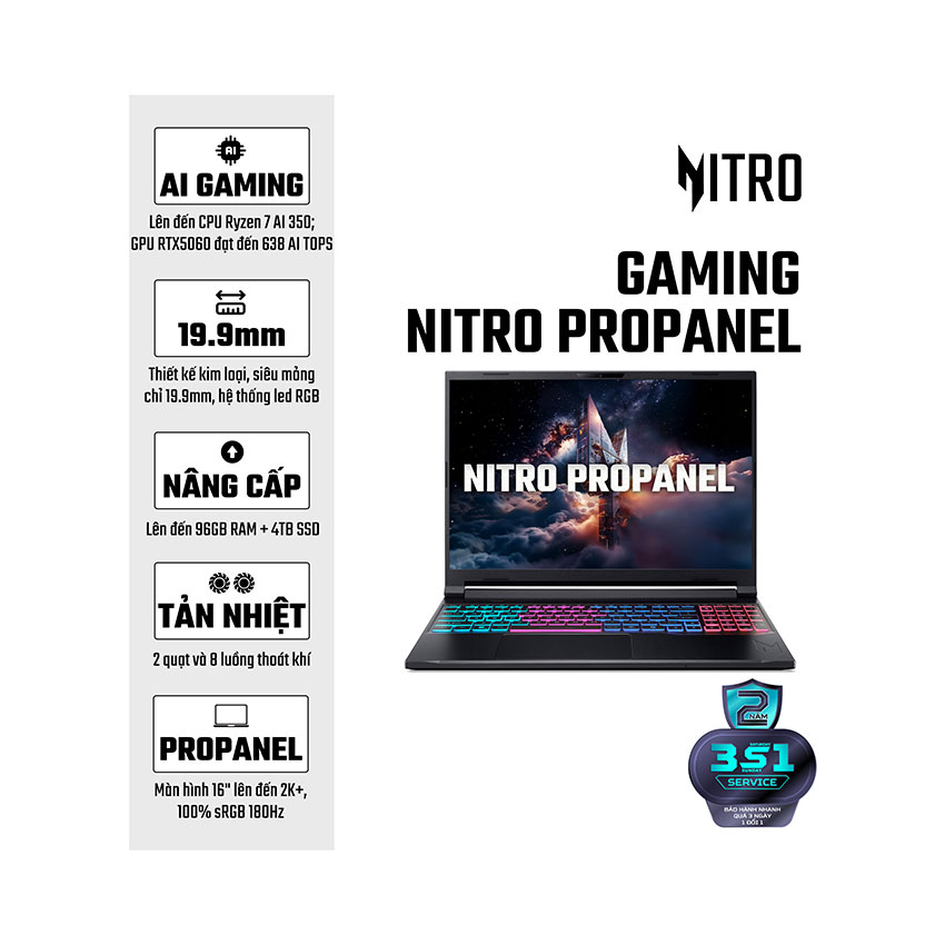 Laptop Acer Nitro V 16S AI ANV16S-61-R7KQ (NH.QXPSV.001) (R5 340/16GB RAM DDR5/512GB SSD/GeForce RTX 5060 8GB/16 inch FHD+ 180Hz/Win 11/Đen) chính hãng