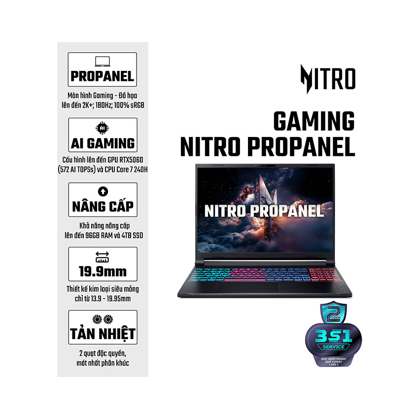 Laptop Acer Nitro V 16S AI ANV16S-71-75LR (NH.QXCSV.002) (Core 7 240H/32GB RAM DDR5/512GB SSD/RTX 5060 8GB/16 inch 2K 180Hz/Win 11/Đen) chính hãng