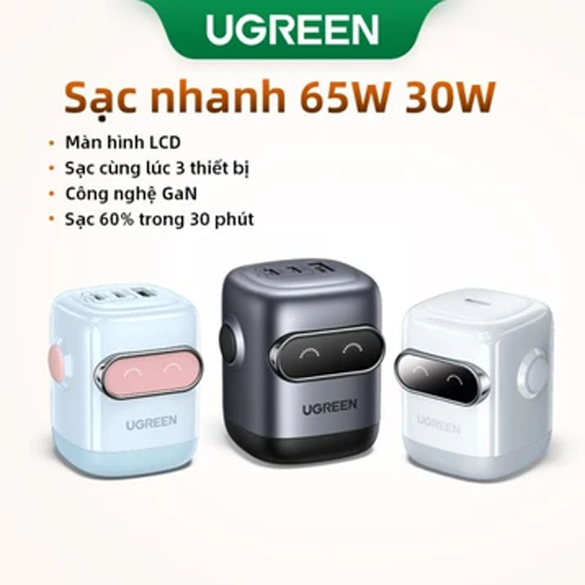 Củ sạc nhanh Ugreen GaN 65W 2C1A hình robot màu xanh pha hồng 35856 US 4