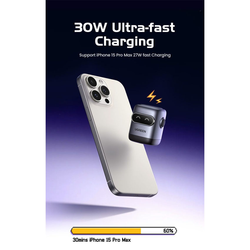 Củ sạc nhanh Ugreen GaN hình Robot 30W 1 cổng Type-C màu đen 45004 US 4