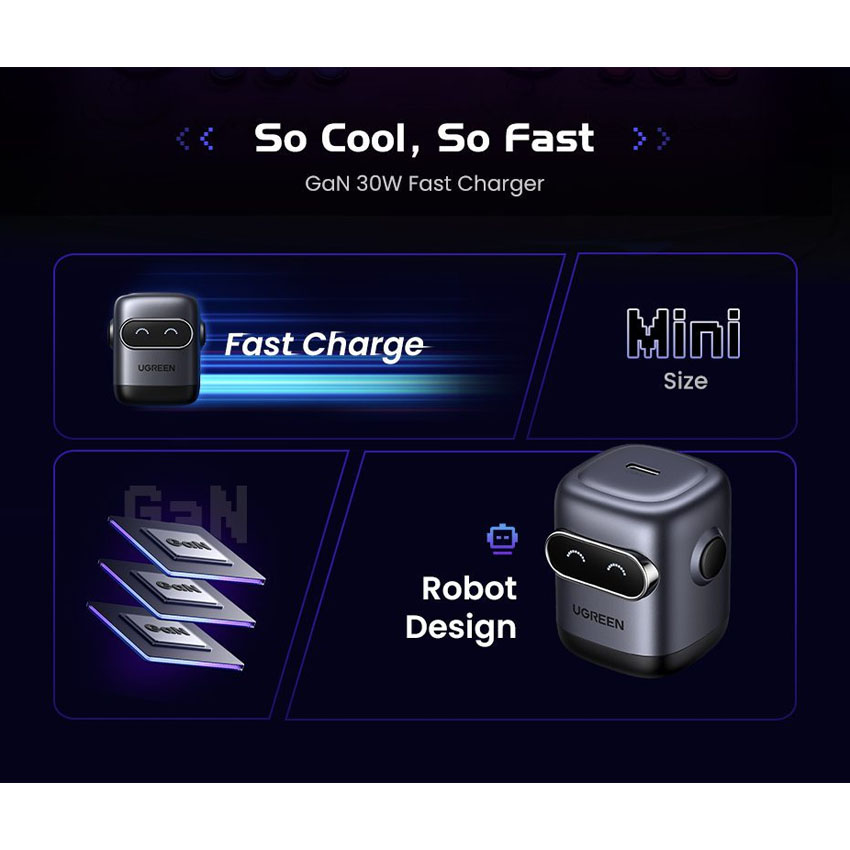 Củ sạc nhanh Ugreen GaN hình Robot 30W 1 cổng Type-C màu đen 45004 US 5