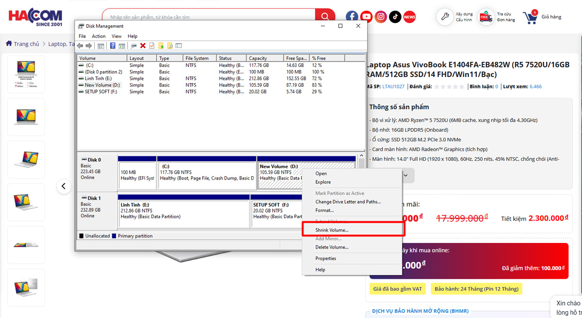 chia o cung tren win 11 hacom 1