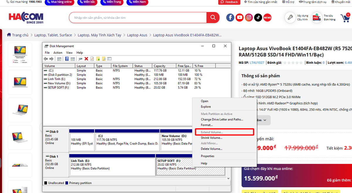 chia o cung tren win 11 hacom 8