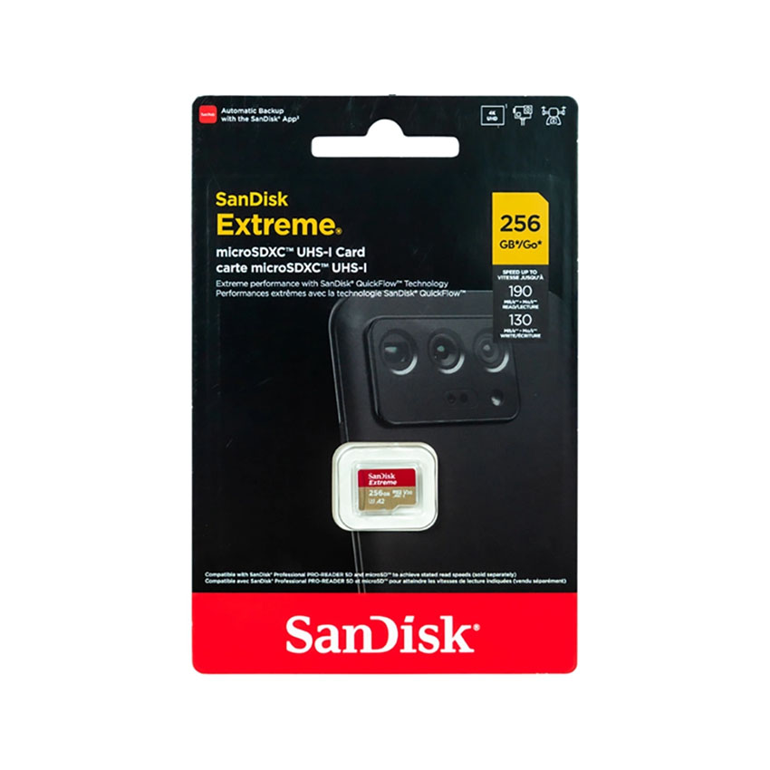 Thẻ nhớ SanDisk 256G Extreme,SDSQXAV-256G-GN6MN,V30,U3,C10,A2,UHS-I,190MB/s R,130MB/s W,4x6 - Hình 3