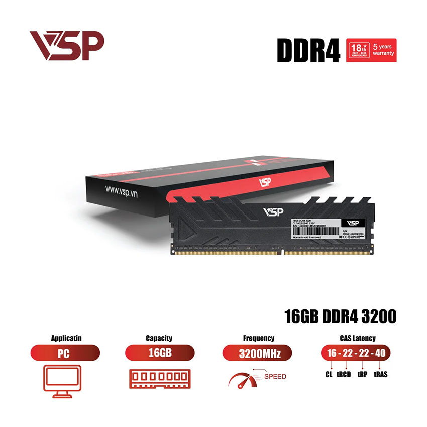 Ram Desktop VSP (DDR4-16GDDR0143/16GDDR0173/16GDDR0172) 16GB (1x16GB) DDR4 3200MHz chính hãng