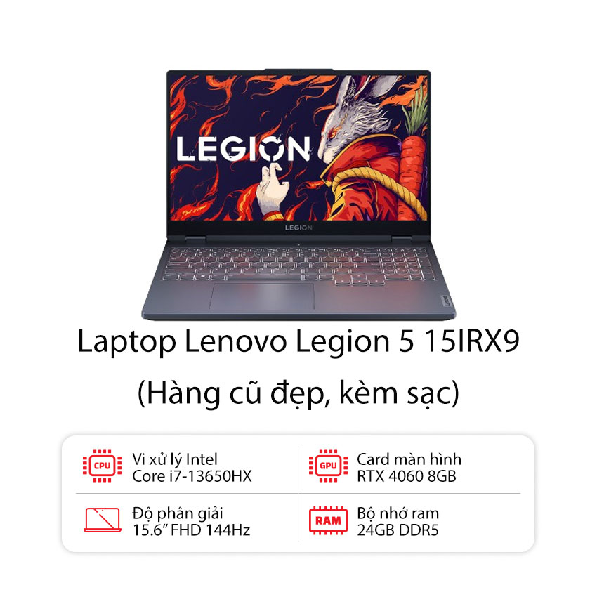 Laptop Lenovo Legion 5 15IRX9 (83JJ000FVN) (i7 13650HX/24GB RAM/512GB SSD/15.6 FHD 144hz/RTX 4060 8G/Win11/Xám/Kèm sạc) - Cũ đẹp