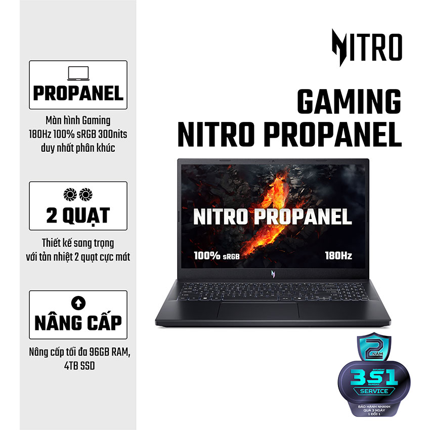 Laptop Acer Gaming Nitro ProPanel ANV15-41-R0FE (NH.QPFSV.005) (R7-7735HS/1*16GB/512GB SSD/GeForce RTX 3050 6GB/15.6 inch FHD 180Hz/Win 11/Đen) chính hãng