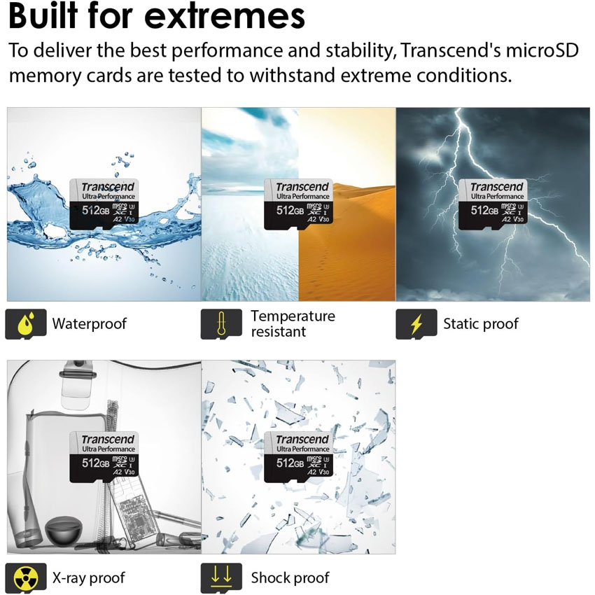 Thẻ nhớ Transcend 512GB microSD w/ adapter UHS-I U3 C10 V30 A2 Ultra Performance (TS512GUSD340S) 1