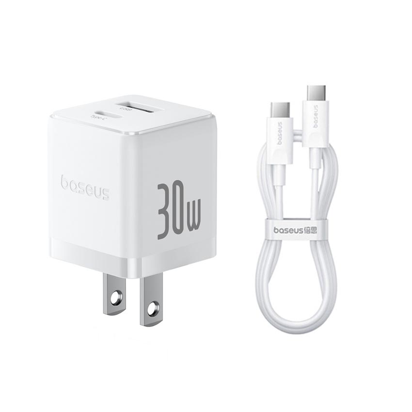 Bộ sạc hiệu Baseus Palm C+U 30W US - Màu trắng (with Cable USB-C to USB-C 1m)