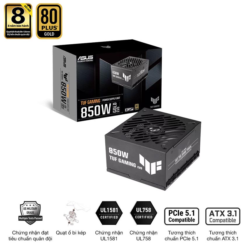 Nguồn ASUS TUF GAMING 850G EVO - 850W (80 Plus Gold/ATX3.1/Full modular) chính hãng