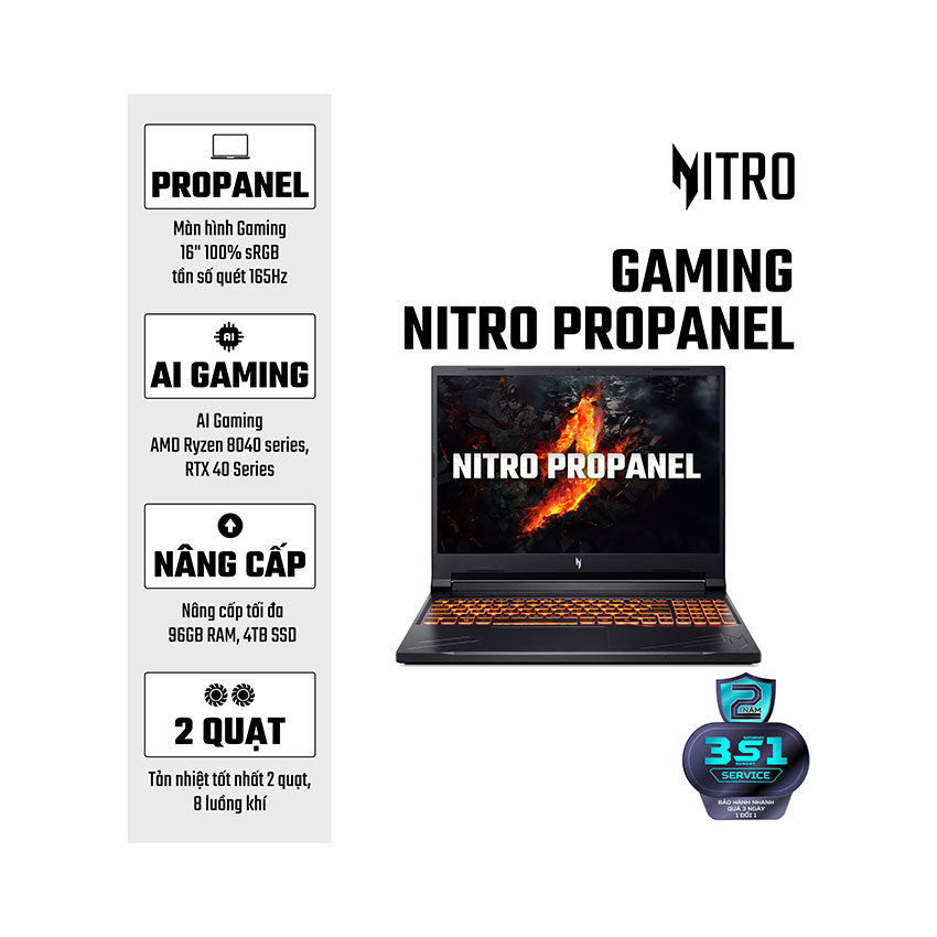 Laptop Acer Gaming NitroProPanel ANV16-41-R7EN (NH.QP2SV.004) (R7-8845HS/16GB Ram/512GB SSD/RTX3050 6GB/16 inch WUXGA/Win11/Đen) chính hãng