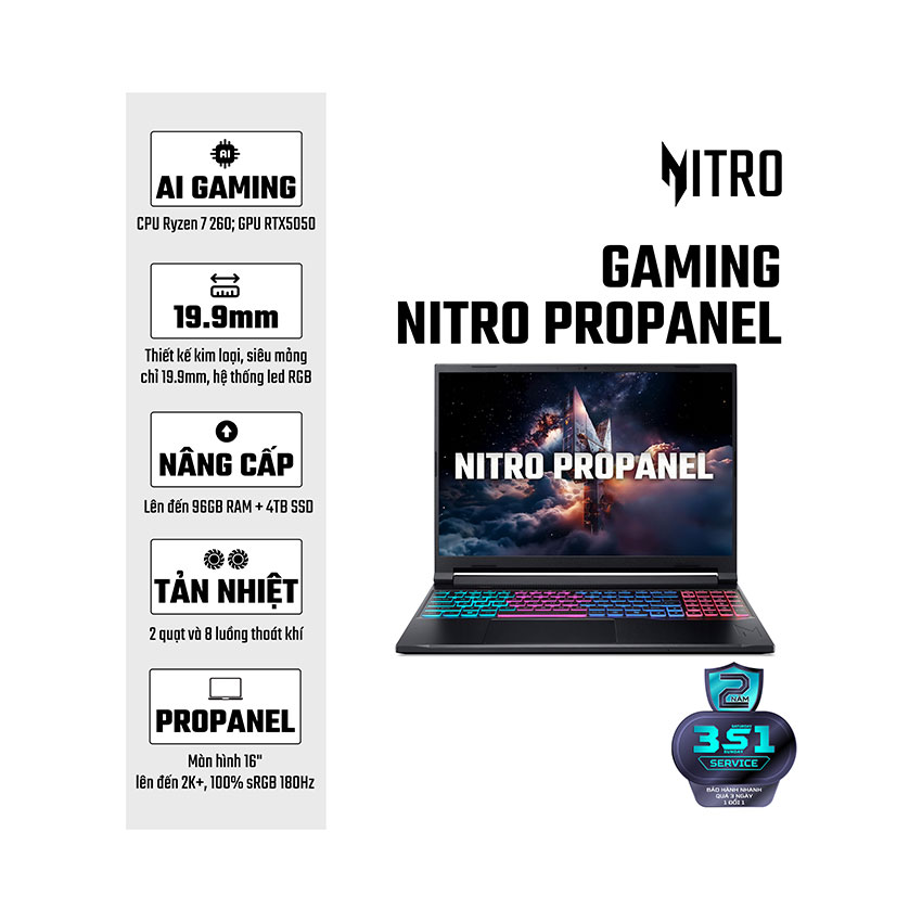 Laptop Acer Nitro V 16S AI ANV16S-41-R337 (NH.QZZSV.002) (R7 260/16GB RAM DDR5/1TB SSD/GeForce RTX 5050 8GB/16 inch FHD+ 180Hz/Win 11/Đen) chính hãng