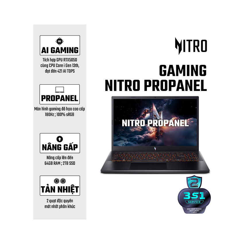 Laptop Acer Gaming Nitro ProPanel ANV15-41-R7CR (NH.QPESV.003) (R5-7535HS/1*16GB/512GB SSD/GeForce RTX 4050 6GB/15.6 inch FHD 180Hz/Win 11/Đen) chính hãng