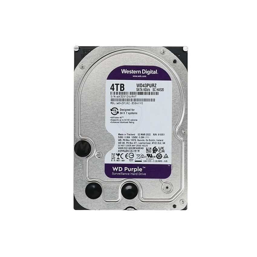Ổ cứng HDD WD Purple 4TB 3.5 inch, 5400RPM, SATA, 256MB Cache (WD42PURU-64C4CY0) chính hãng