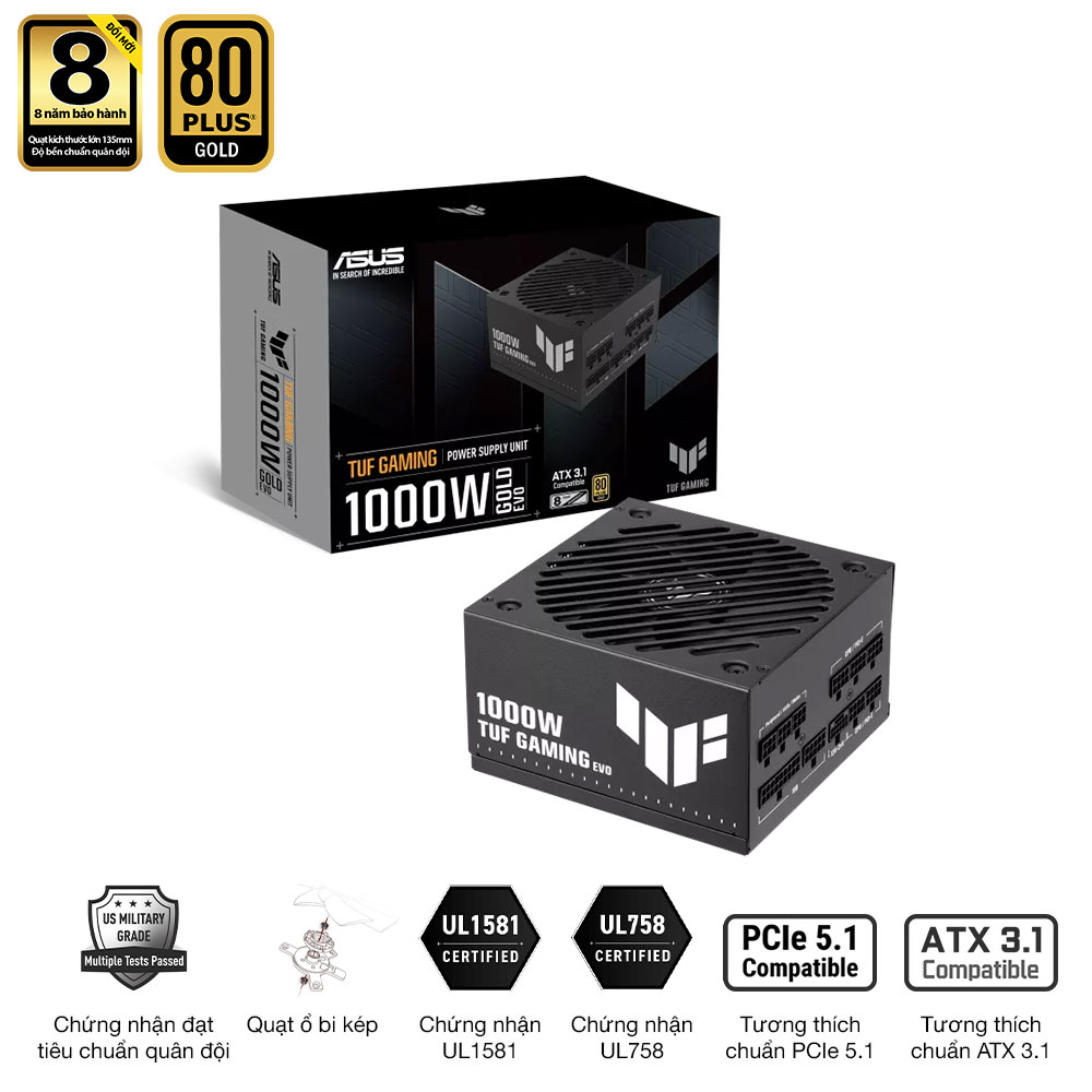 Nguồn ASUS TUF GAMING 1000G EVO - 1000W (80 Plus Gold/ATX 3.1/PCIe 5.1/Full Modular) chính hãng