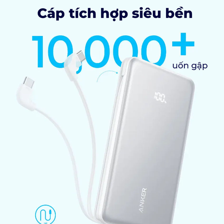 Sạc dự phòng Anker Zolo 1C1A 22.5W 10000mah (Built-In USB-C Cable) Trắng (White) B2B_A110D - Hình 4