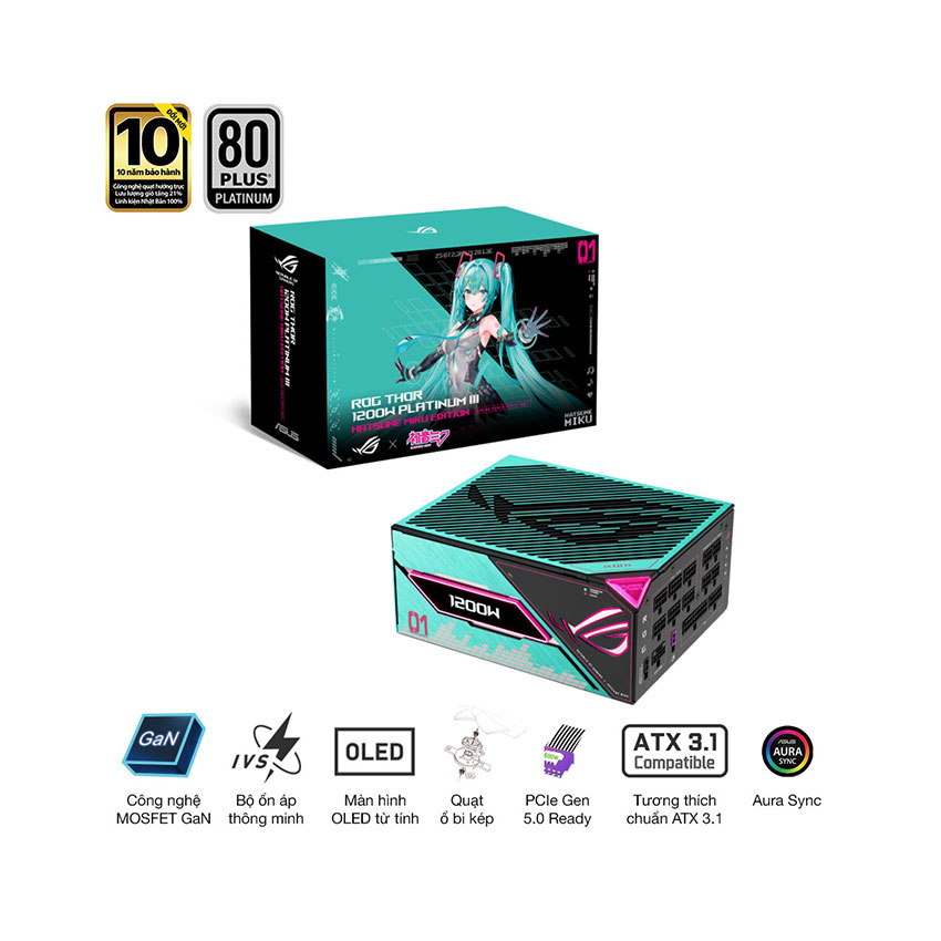 NGUỒN ASUS ROG THOR 1200P3 GAMING - HATSUNE MIKU EDITION ( 80 PLUS PLATINUM/ATX3.1/FULL MODULAR/MÀN OLED)