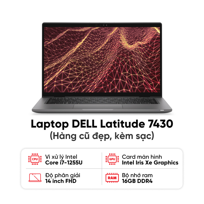 Laptop DELL Latitude 7430 (i7-1255U / 16GB RAM / 256GB SSD / Màn 14 inch FHD / Carbon / Kèm sạc) - Hàng cũ đẹp