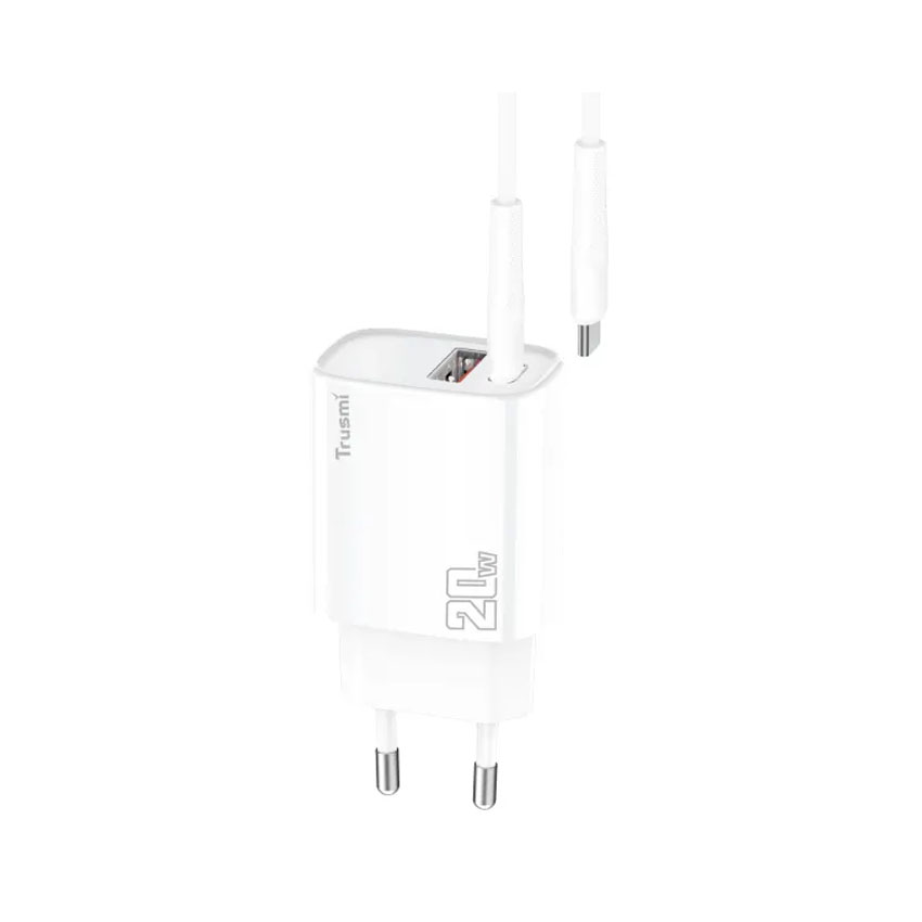 Sạc điện thoại TRUSMI 2 cổng CH11 1 cổng USB và USB-C 20W chân cắm US kèm cáp C-C, màu trắng - CH11-074