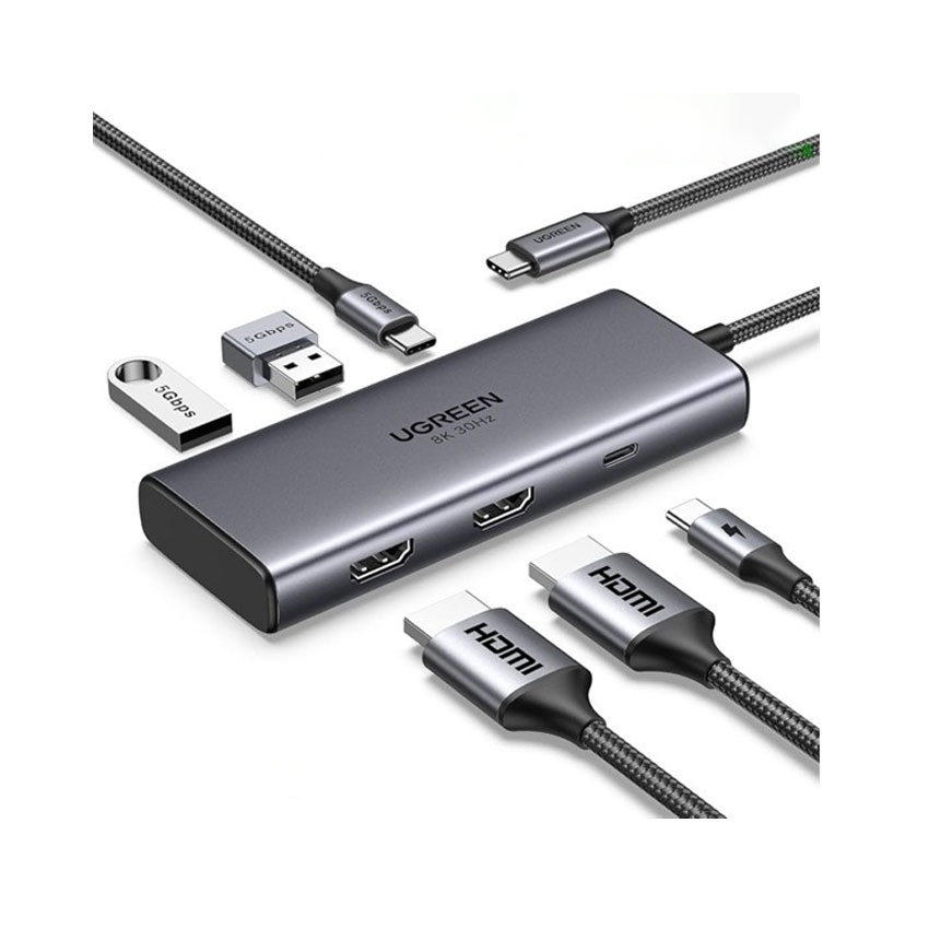 Bộ chuyển đổi cổng USB-C sang 2*USB-A 3.0+USB-C 3.0+2*HDMI+PD 2*HDMI có PD Ugreen 15852