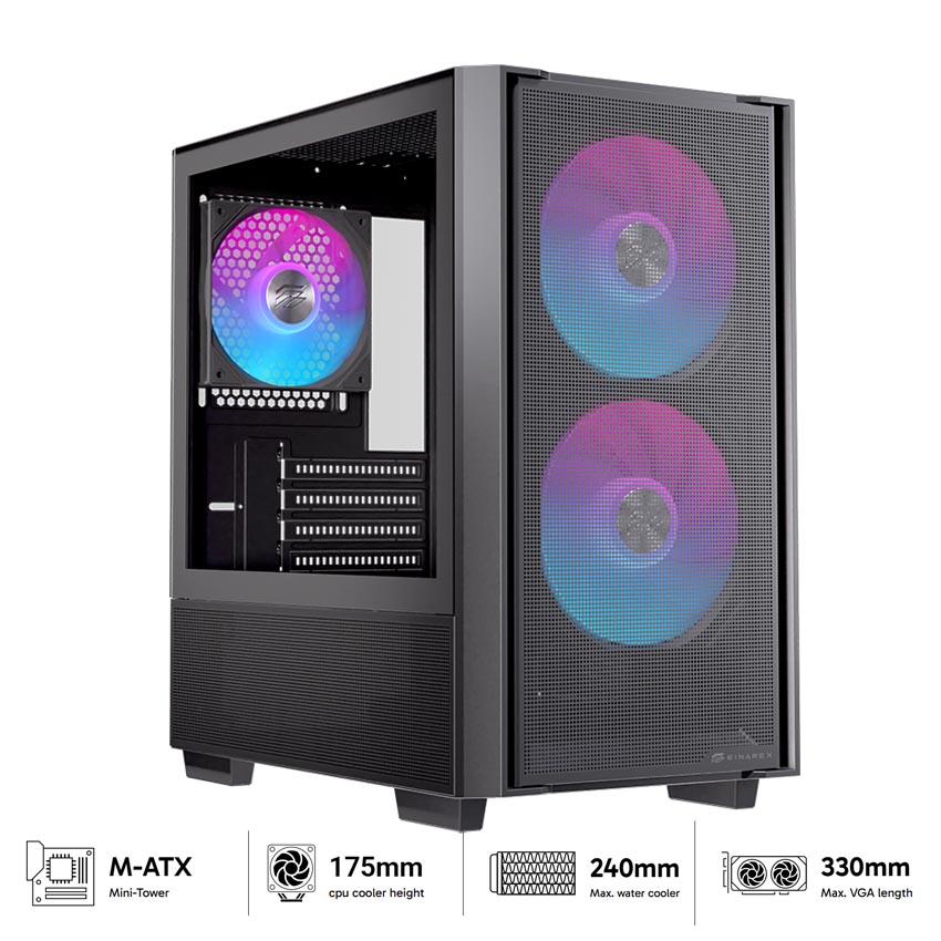 Vỏ Case EINAREX PM150 RGB Black (mATX/3 fan)