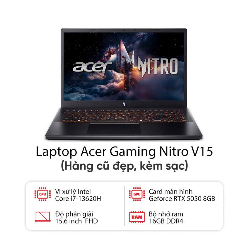 Laptop Acer Gaming Nitro V 15 ANV15-52- 72BM (NH.QZ9SV.004) (i7- 13620H/1*16GB/512GB SSD/GeForce RTX 5050 8GB/15.6 inch FHD 180Hz/Win 11/Đen) - Cũ đẹp (Full box)