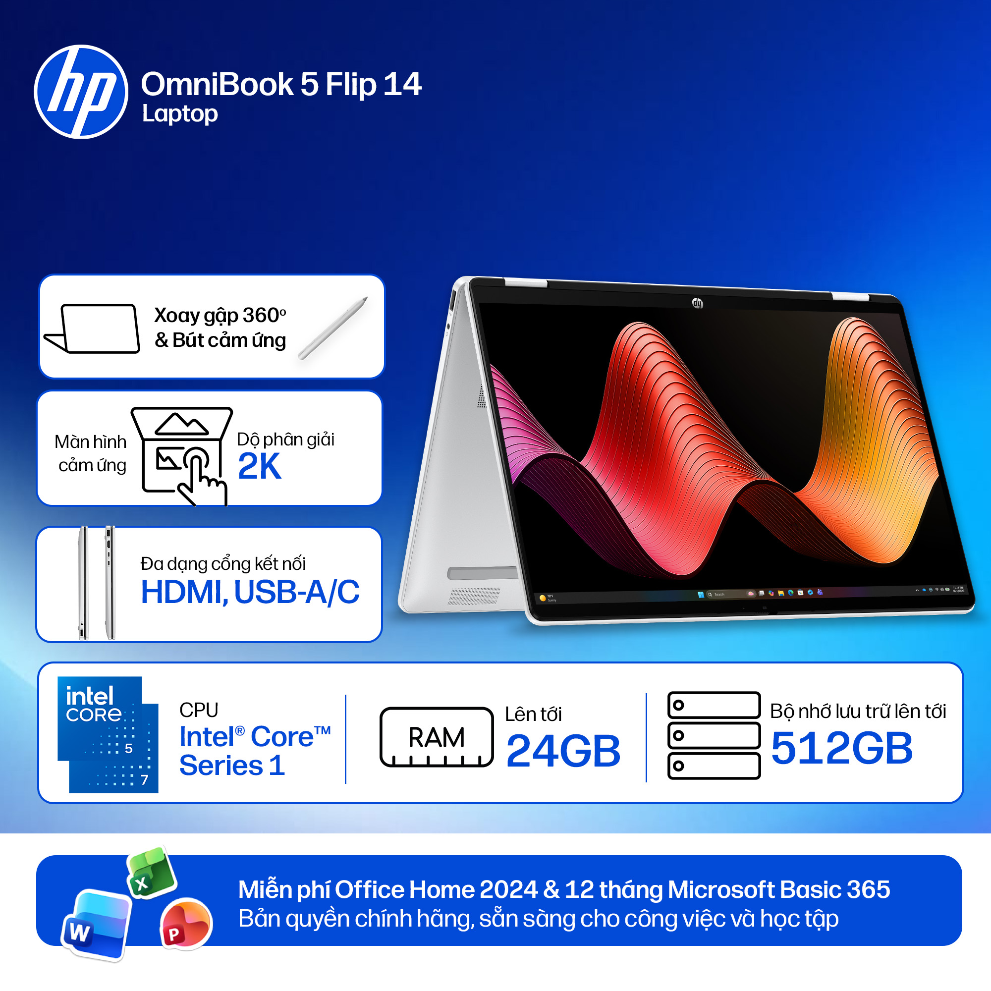 Laptop HP OmniBook 5 Flip 14-fp0057TU BZ7Q6PA (Core 5 120U/16GB RAM/512GB SSD/14 WUXGA Cảm ứng/Bút/Win11/Bạc) chính hãng