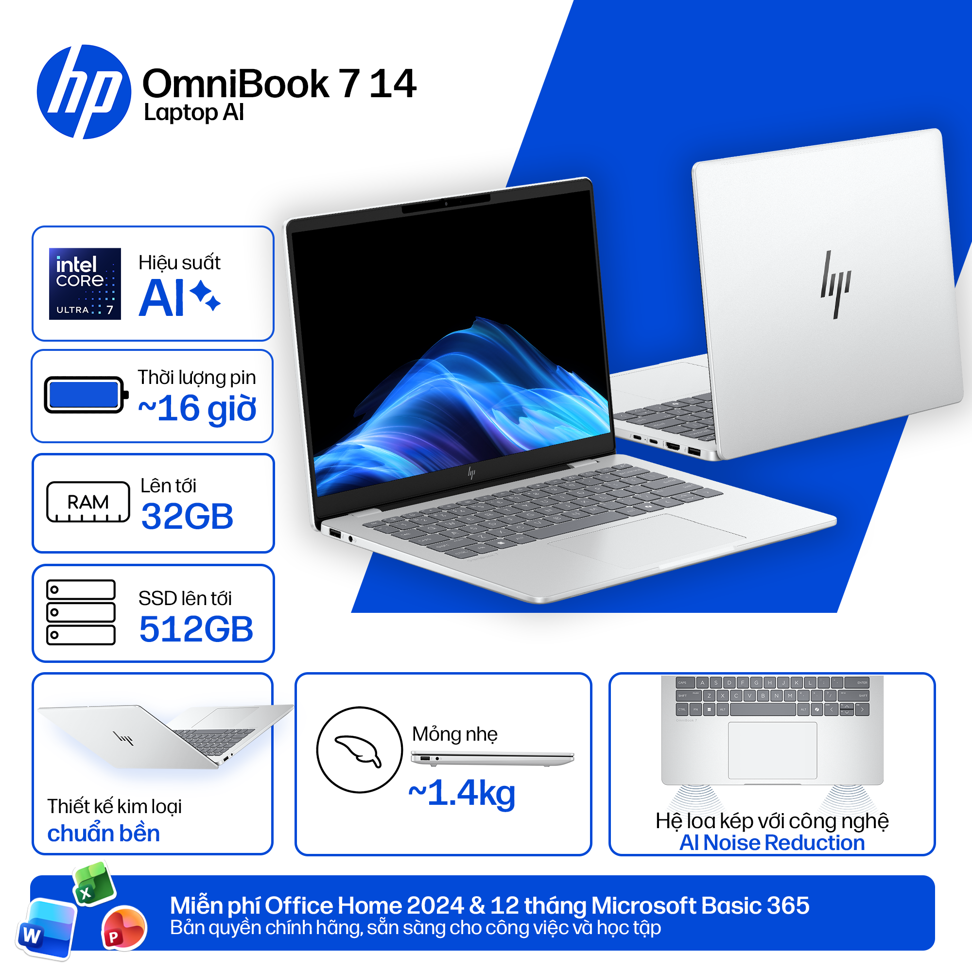 Laptop HP OmniBook 7 14-fr0033TU (C1MN2PA) (Ultra 5 225U/16GB RAM/512GB SSD/14 WUXGA/Win11&OfficeHS24+365/Bạc) chính hãng