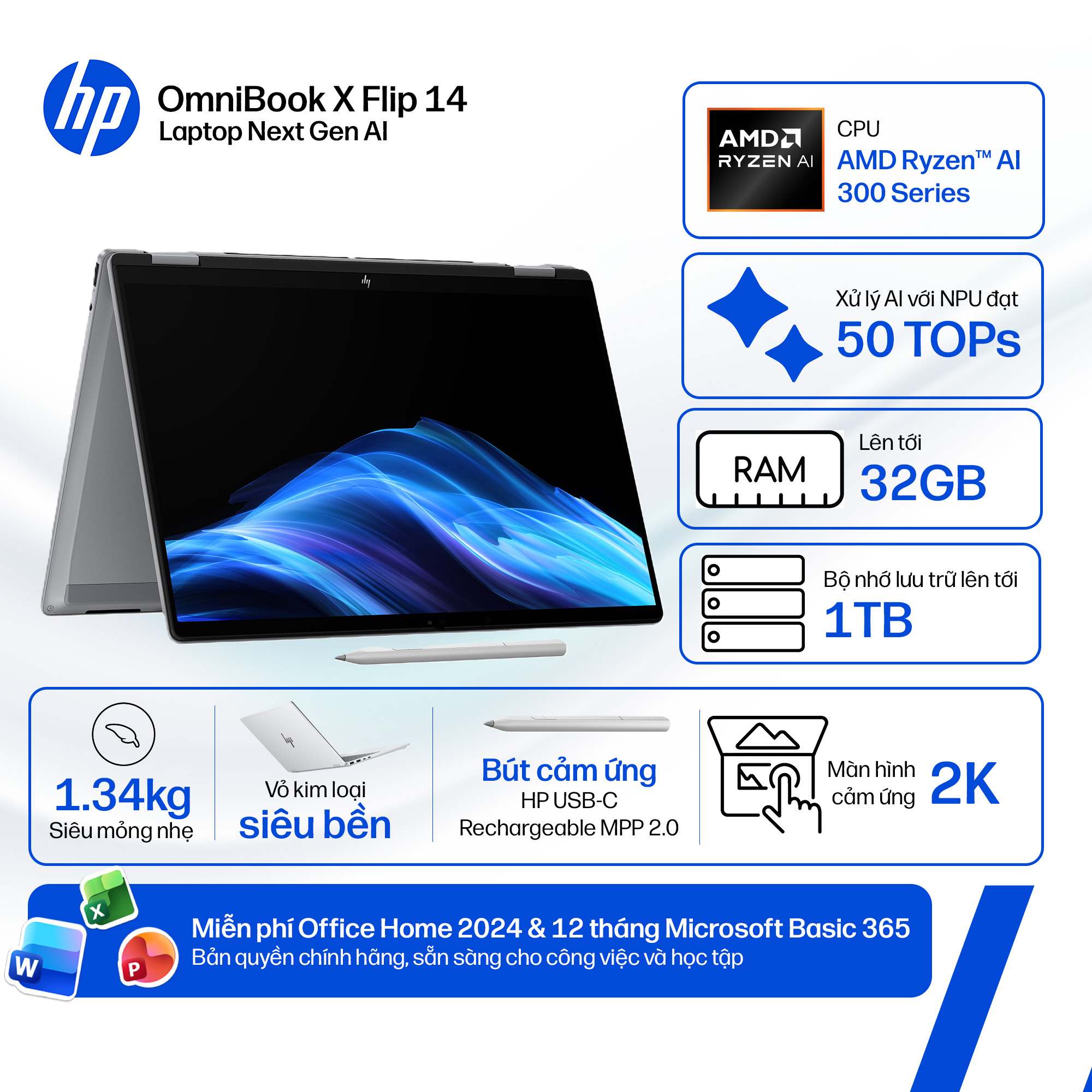 Laptop HP OmniBook X Flip 14-fm0088TU BZ7Q2PA (Ultra 5 226V/16GB RAM/512GB SSD/14 2K Cảm ứng/Win11&OfficeHS24+365/Xanh) chính hãng