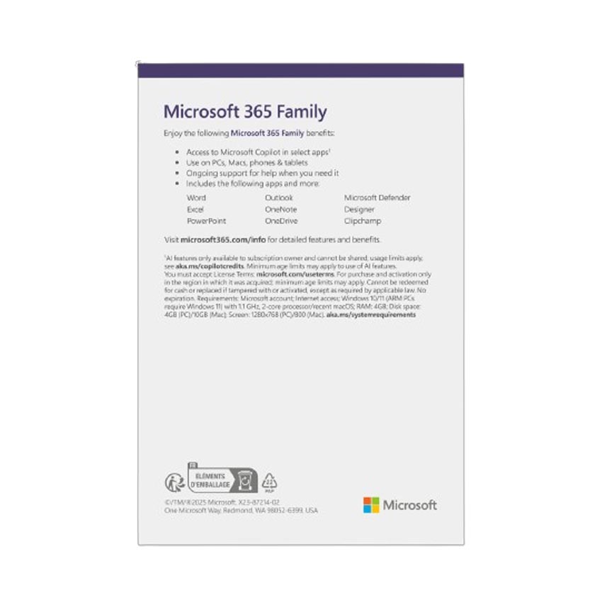 Phần mềm M365 Family English APAC Subscr 1YR Medialess (EP2-36878) 2