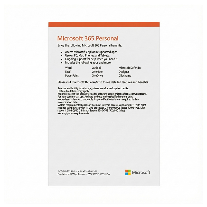 Phần mềm M365 Personal English APAC Subscr 1YR Medialess (EP2-32409) 1