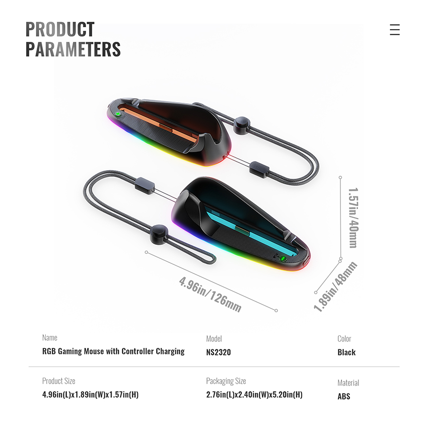 Dock sạc RGB Gaming Mouse Rechargeable Hand Grips for Switch 2 màu đen JYS-NS2320 2