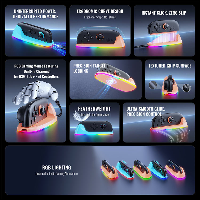 Dock sạc RGB Gaming Mouse Rechargeable Hand Grips for Switch 2 màu xanh pha cam JYS-NS2320 9