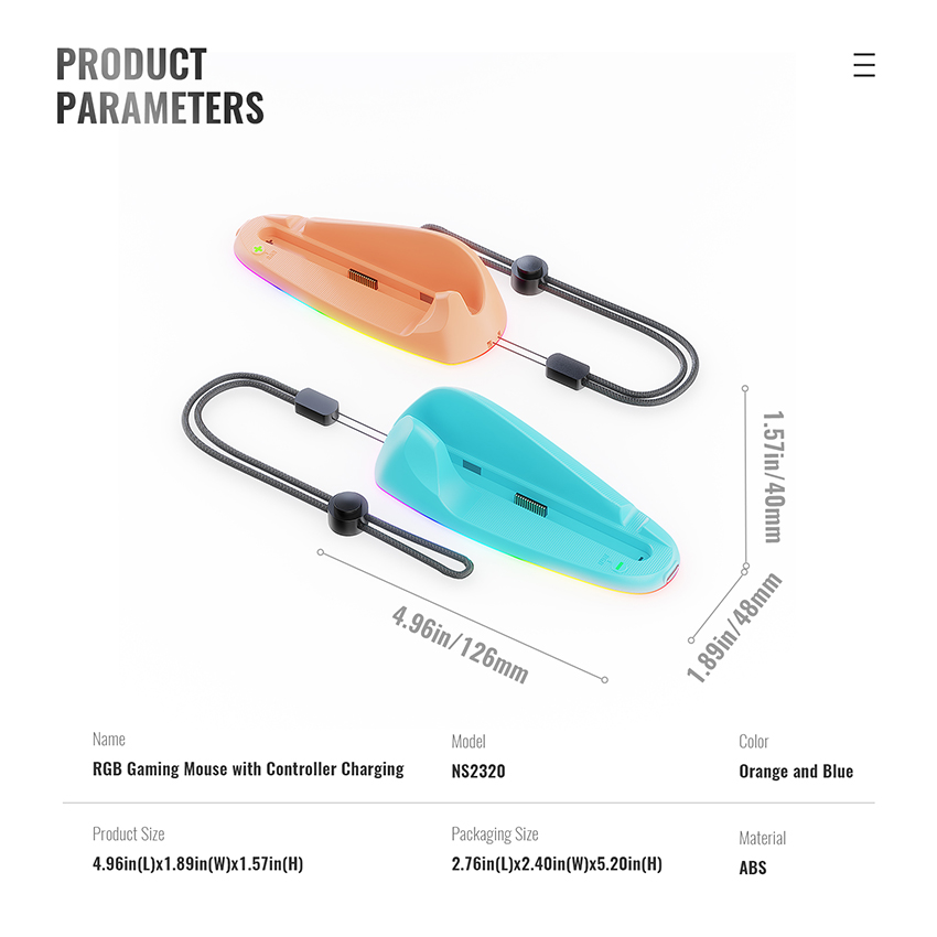 Dock sạc RGB Gaming Mouse Rechargeable Hand Grips for Switch 2 màu xanh pha cam JYS-NS2320 2