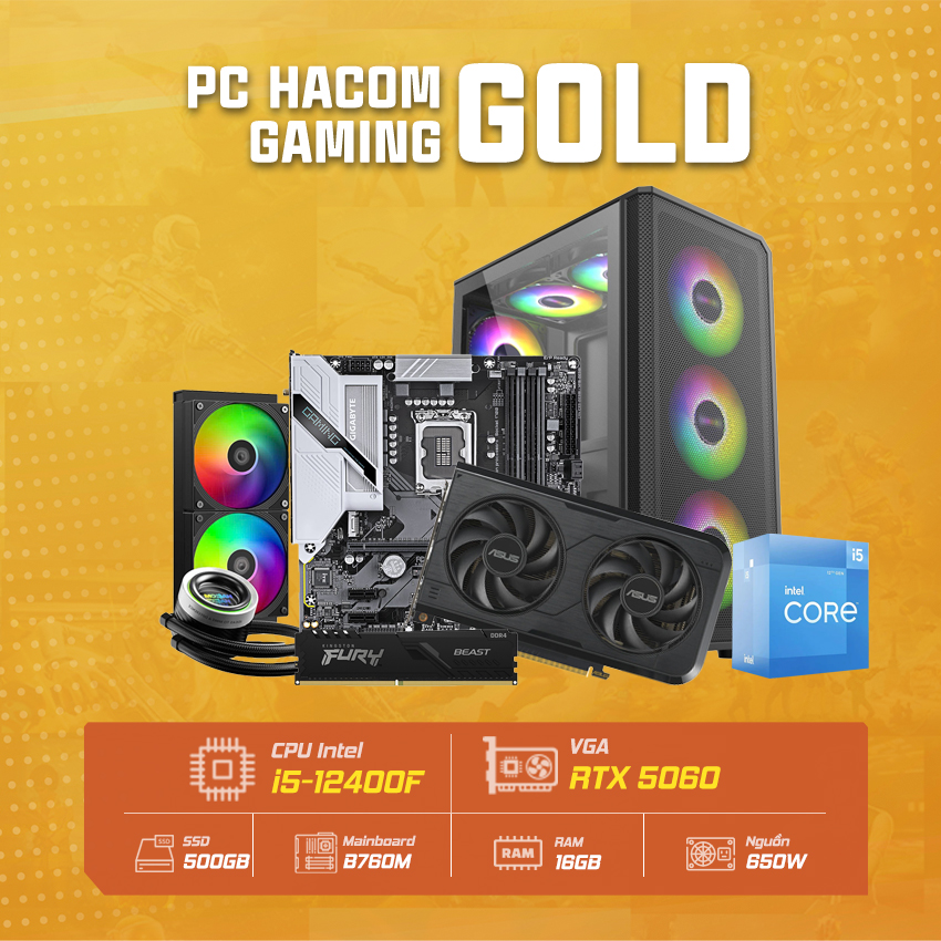 PC HACOM GOLD PRO 048 (Intel i5 12400F / Wifi / VGA RTX 5050) HACOM EDITION