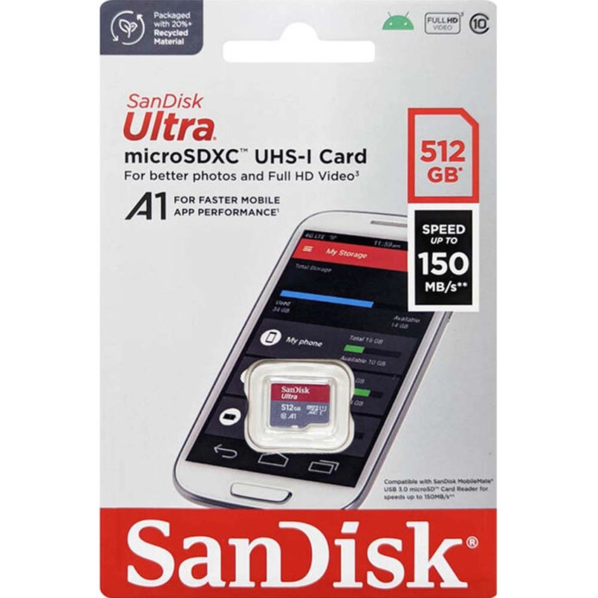 Thẻ nhớ SanDisk Ultra microSDXC, SQUAC 512GB, A1, C10, U1, UHS-I, 150MB/s R, 4x6 SDSQUAC-512G-GN6MN - Hình 2