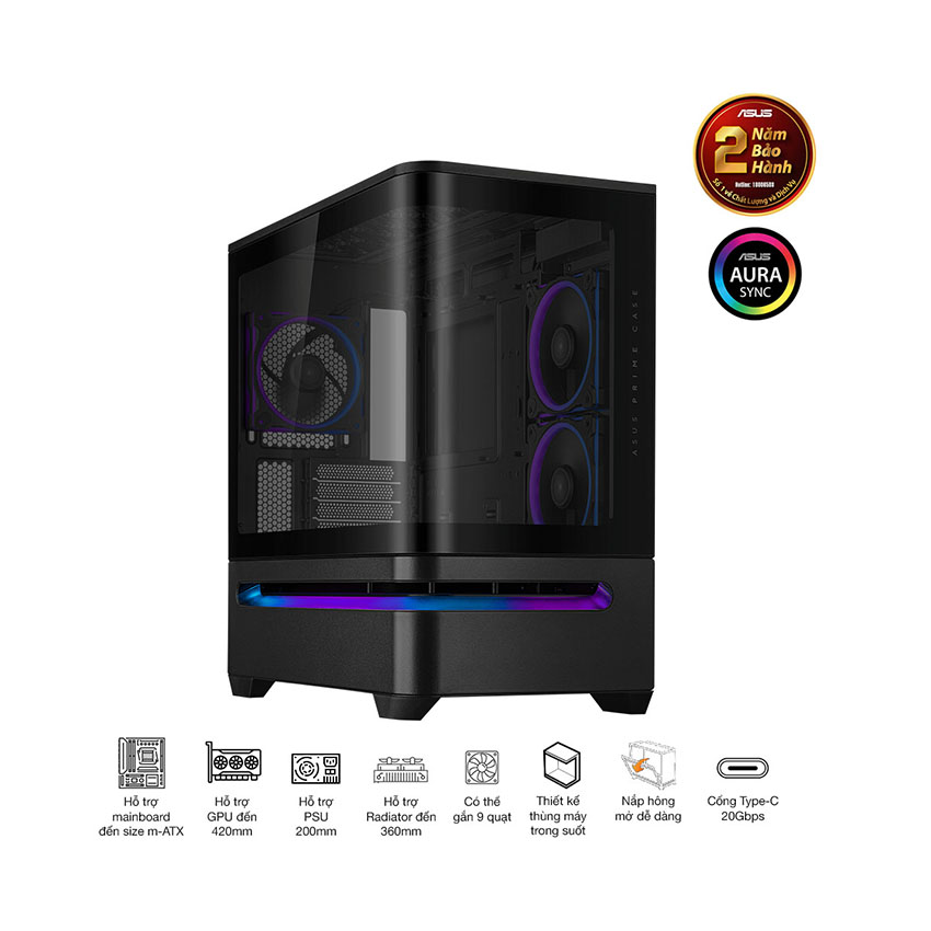 Vỏ Case ASUS Prime AP202TG Black (mATX/ 0 fan)