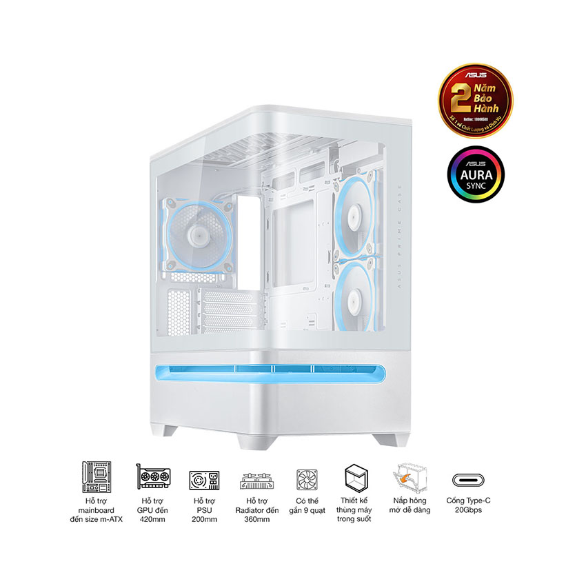 Vỏ Case ASUS Prime AP202TG White (mATX/ 0 fan)