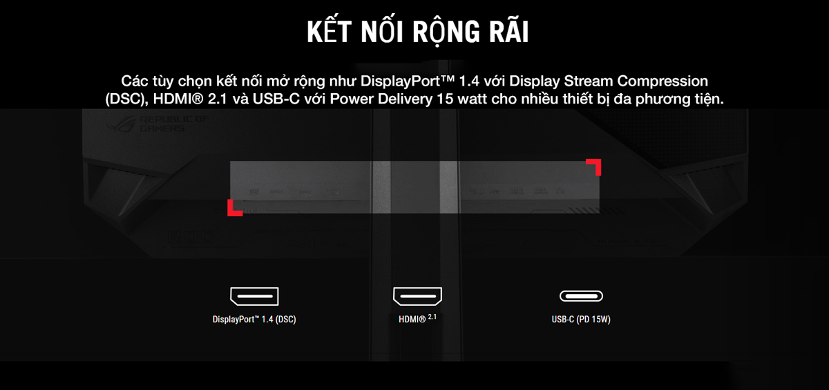 Màn hình WOLED Asus ROG Strix được trang bị đầy đủ các cổng kết nối hiện đại